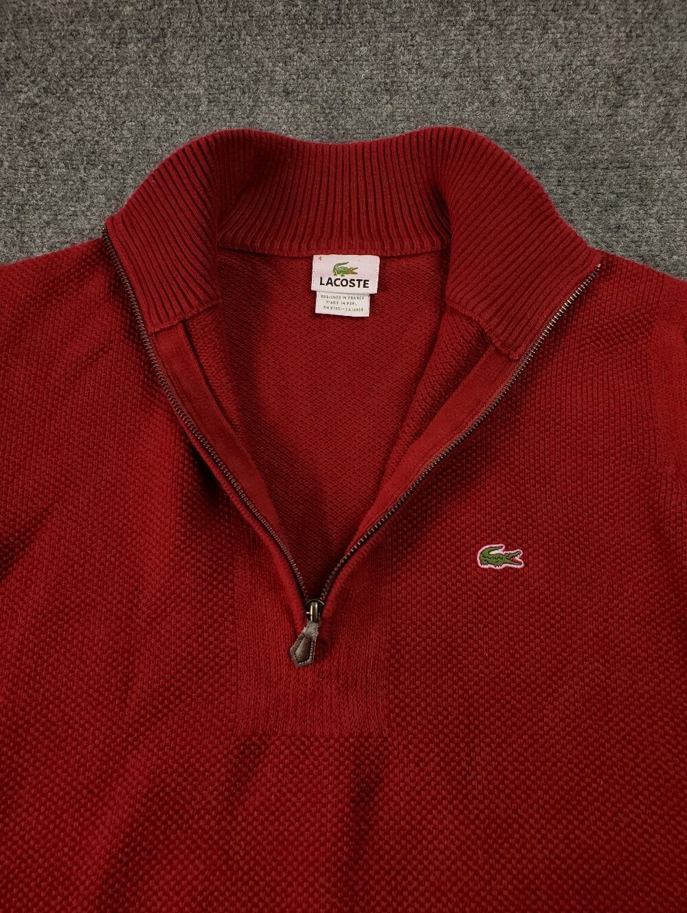 Lacoste Quarter Zip Sweater Medium 4 Textured Cotton Knit Moc Neck Red Pullover - Picture 5 of 10
